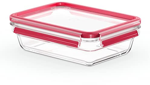 EMSA Clip & Close Glas Frischhaltedose, rechteckig, 1,1 L, 100 Prozent dicht, rutschfestes Stapeln, Glasbehälter spülmaschinen-, gefrier-, backofen-, mikrowellenfest, Rot, Transparent, N10409