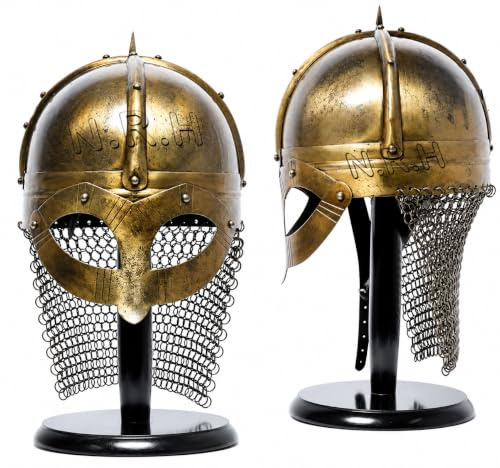 Nautical Replica Hub Wikingerhelm mit Kettenhemd, Normannischer Ritter, Kampfpanzer mit Holzständer, Halloween-Kostüm, Helm, Messing, Einheitsgröße, Stahl, Unisex-Erwachsene, männlich