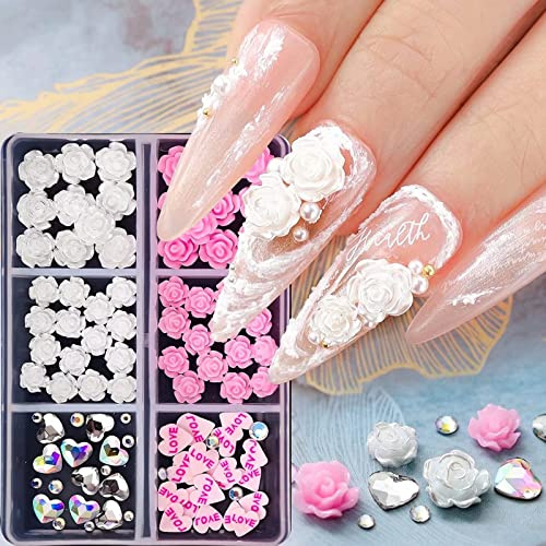 RUNRAYAY Rose 3D Fleurs Ongles Charms, Diamants Ongles pour Ongles Acryliques avec Strass Ongles Coeur, Bijoux Nail Art pour Femmes DIY Décorations Ongles
