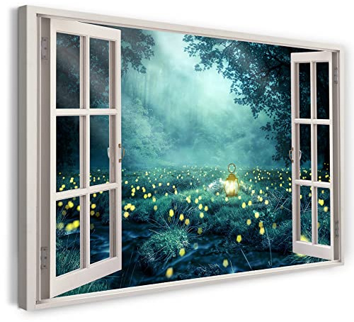 Printistico Bilder Fensterblick 80x60cm Baumwoll-Leinwand auf Keilrahmen mit Aufhänger moderner Kunstdruck XXL Wandbilder Wand-Dekoration Sommernacht 3D Kunst Wald Natur - Natur-Fotografie