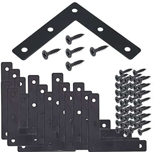 Joyangy 20pcs Black L Flat Shape Braces Corner Bracket, 80x80 mm Decorative Corner Brackets Mending Plate, Cold Rolled Steel 90 Dgree Angle Bracket for Wood Furniture Fixing
