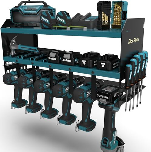 Toolganize Power Tool Organiser, Storage Rack with Power Strip Charging Station, Compatible with Makita, Heavy-Duty for Workshop & Garage Tools - 6 Slot, Makita Blue.
