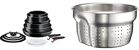 Tefal Ingenio Easy ON Pots & Pans Set, 13 Pieces, Stackable, Removable Handle, Space Saving, Black, L1599243 & L9259804 Ingenio Saucepan Pasta Insert, Stainless Steel, Silver Coloured, 1.2 kg