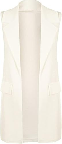 Crazy Fashion Ladies Blazers Sleeveless Crepe Mock Flap pocket waistcoat Duster Business Casual Blazer Jackets For Women Plain Open Cardigan Top UK 8-26 Cream