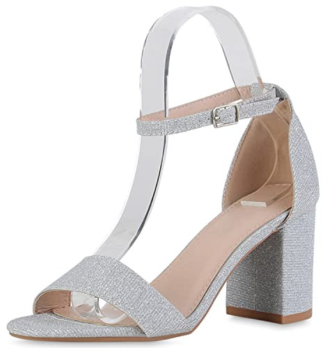 VAN HILL Damen Riemchensandaletten Sandaletten Blockabsatz Schuhe Elegante Party Abendschuhe Glitzer Riemchenschuhe 211334 Silber 36