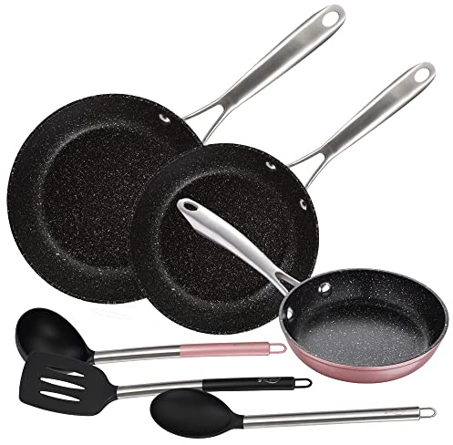 San Ignacio Set sartenes 16x4.0, 20x5.0 cm y 28x6.0 cm, aluminio forjado, aptas para inducción. con Juego 3 utensilios de cocina nylon VITA