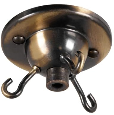 ElekTek 3 Hook Ceiling Rose Plate Light Fitting Glass Shade Chandelier with Cord Grip Screws (Brushed Antique Brass)