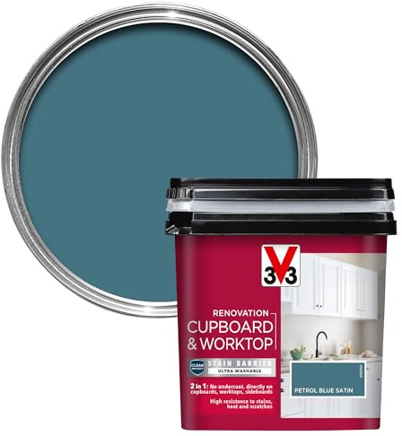 V33 Renovation Cupboard & Worktop Paint - No Undercoat Needed - High Resistance To Water Stains & Scratches - Ultra Washable - Petrol Blue Satin 750ml