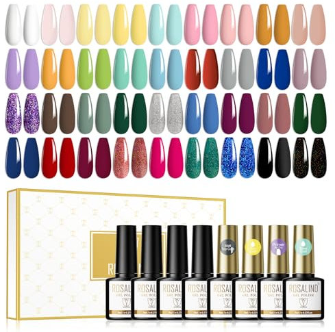 ROSALIND UV Nagellack 40 Pcs Shellac Set Mit Glänzender Matte Überlack, Unterlack, Primer 36 Farben Gel Nagellack Soak Off UV LED Nail Polish Orange Glitzer Rot Grün Blau ManiküRe Set 8ml