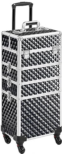 Abician Grande Valise de Maquillage 4 en 1 Mallette Maquillage Professionnelle Beauty Case pour Voyage 4 roulettes Cadre Aluminium Poignée Télescopique Serrures 34× 25,5 × 80,2 cm Noir pailleté