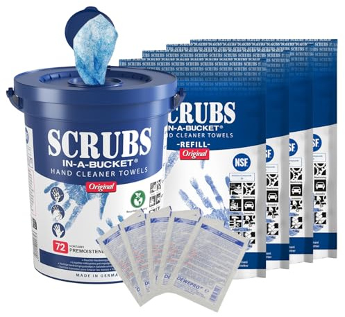 SCRUBS in-a-bucket mit 4 nachhaltigen SCRUBS Refill Nachfüllpacks mit je 72 Stück Handreinigungstücher inkl. 5 St. DEWEPRO® SingleScrubs