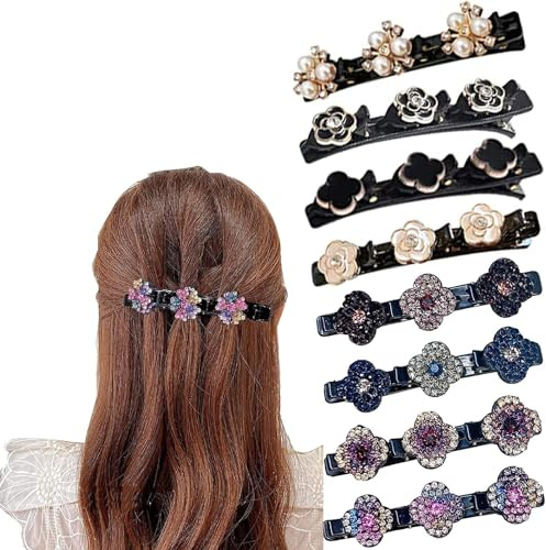 Lonnalee 8 fermagli per capelli laterali a tre fiori, clip per trecce di cristallo per capelli spessi e sottili, accessori per acconciature per ragazze e donne