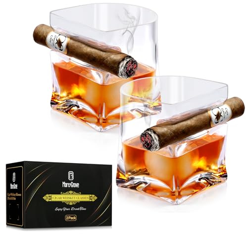 Mortygrove Whiskeyglas mit Zigarrenhalter, Zigarren Whiskey Gläser 2er Set Kristall Whiskyglas mit eingekerbter Zigarrenablage für Cocktails, Scotch, Bourbon, Zigarre und Whiskey Geschenkset für