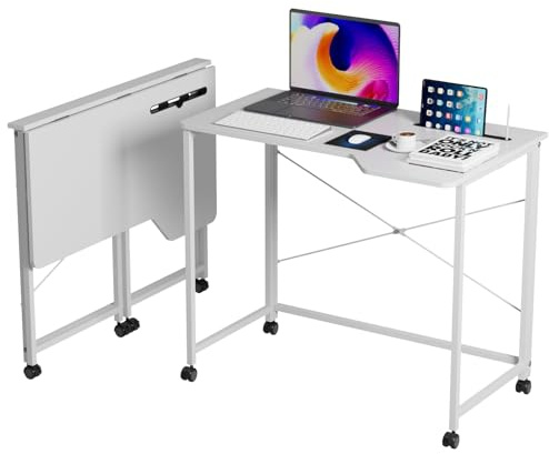 Rcynview Scrivania Pieghevole Postazione di Lavoro con Ruote, Tavolo Pieghevole Scrivanie per Computer, PC Tavolini Portatili, per Ufficio, Studio, Camera da Letto, Bianco 90x56x75cm