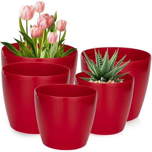 PECZEKO Blumentopf Glänzende, 5er-Set blumenkübel, 12/13/15/18/21 cm Pflanzkübel aus Übertopf Kunststoff Topf für, groß und klein Pflanzen, 5er-Set blumenkübel kräutertopf, Rosa