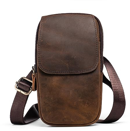 Hengwin Multifunktionale Echtleder Doppel Reißverschluss Taschen Männer Vintage Look Umhängetasche Handy Gürtel Tasche Telefon Holster für Reisen, Outdoor Aktivitäten