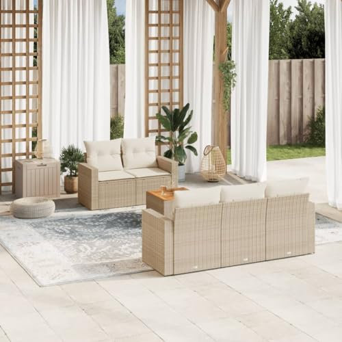 Rantry 6-TLG. Garten Sofagarnitur mit Kissen Gartensofa mit Stauraum Gartenlounge Gartenmöbel Balkonmöbel Loungesofa Ecksofa Rattansofa Sitzgruppe mit Gartentisch Gartenset Beige Poly Rattan