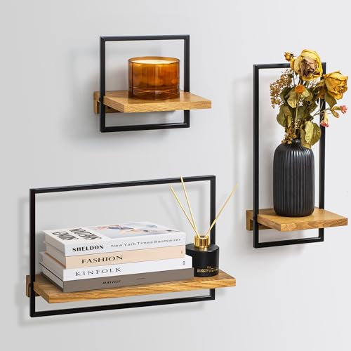 LUA TREND 3er Set Eichenregal für Wände, Wanddekoration aus Metall und Echtholz Furnier | Japanischer Stil | Wohnzimmer | Küche | Schlafzimmer | (Eiche)
