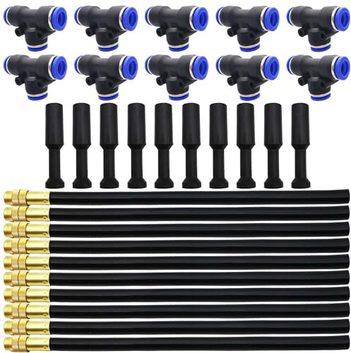 Bewässerungssprühdüse, Dujelixa 10 Stück Nebeldüsenringverstellung 20 cm, Nebelsystem mit 10 Stück T-Typ-Anschluss + 10 Stück Chroke-Bewässerungsstecker für Bewässerung, Gewächshaus, Rasen