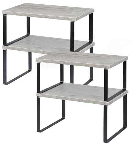 LIANTRAL Küchenschrank Organizer 4er-Set, Küchenregal, Küchen Organizer aus Metall und Holz, Erweiterbar und Stapelbar Schrank-Organizer Gewürzregale, kleines Regal, Schwarz und Grau