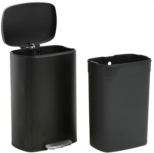 BestOffice 50 L Garbage Can Kitchen Trash Can with Lid for Office Bedroom Bathroom Step Trash Bin Fingerprint-Proof Brushed Stainless Steel，Black