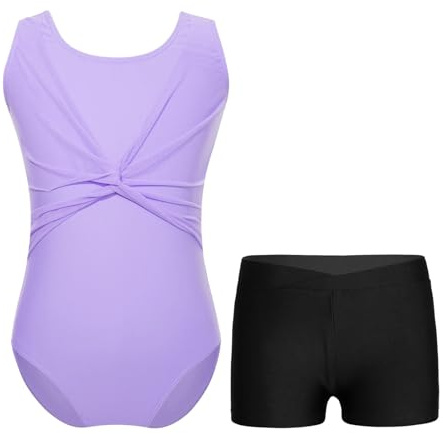 LYHYDMA Gymnastikdräkt för flickor ärmlös U-ringning twist knut med shorts för barn, balett, skridskoåkning, gymnastik, träningsoverall, danskläder, Lavender, 120
