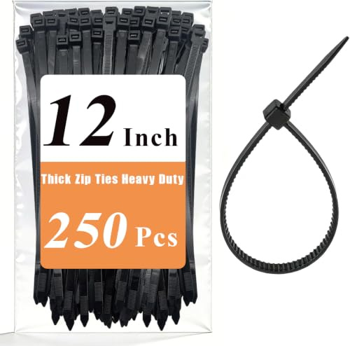 250 Pack Cable Ties Black, Heavy Duty Self-Locking Zip Ties 300mm x 3.6mm, Strong Nylon Wire Ties for Electrical Garden DIY Cables, Indoor Outdoor Use