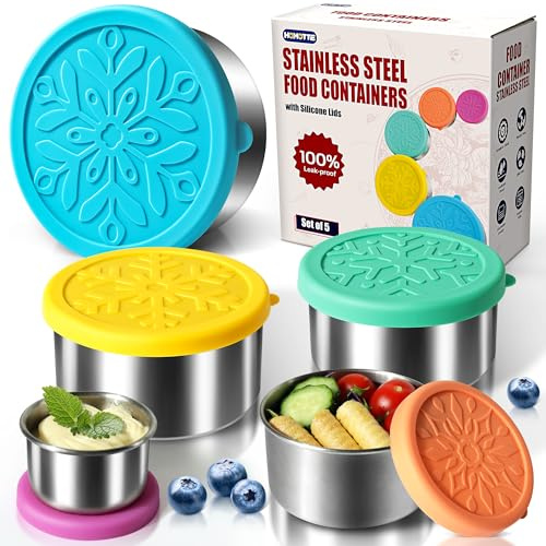 Homotte 304 Stainless Steel Containers with Lids Small for Lunch, Leak-Proof Stainless Steel Food Storage Containers for Back to School Kids, 5 Pack Stackable (2oz, 4oz, 8oz, 14oz, 24oz)