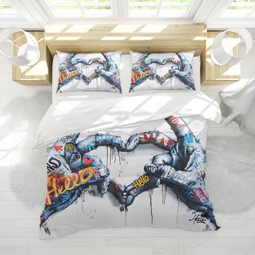 Colorful Graffiti Art copripiumino Set 3 pezzi mani colorate che fanno a forma di cuore morbido set di biancheria da letto con 2 cuscini Shams cerniera e 4 cravatte 240 x 220 cm