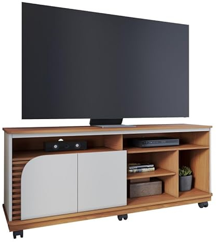 Meuble TV 65 Pouces Chêne et Blanc 2 Portes 7 Niches roulettes L 150 H 63.2 P 39.3 cm