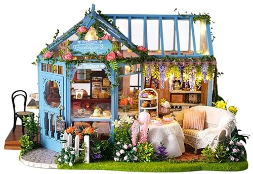 Endless Limit DIY Miniatur Haus Bausatz für Erwachsene,Puppenhaus Gewächshaus mit LED Licht,3D Puzzle Buchstütze aus Holz Modellbausatz Bastelset Bücherregal Deko Geschenken (Rose Garden Tea House)