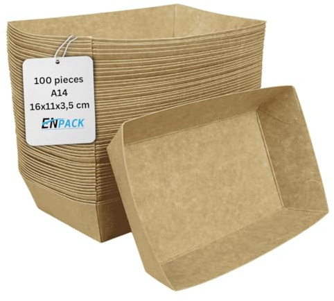 Enpack Snackschale A14-100 Stück Snackschalen aus Kraftpapier - Snack Box 16x11x4 cm - Currywurst Schale 500 ml - Behälter für Tapas, Chips, Pommes etc. - optimal geeignet als Fingerfood Schalen