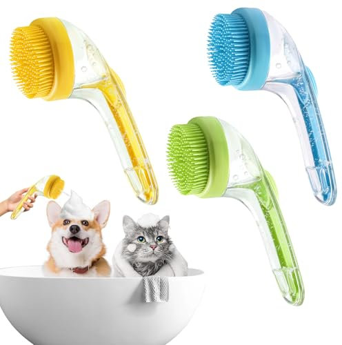 Hundeshampoo Bürste Waschhandschuh Hund Mit Seifenspender Silikon Hundebürste Komfortabel Hundedusche Bürste Ergonomisch Hundezubehör für Katze Hund Haustier Beruhigende Massage Waschen (3 Stück)