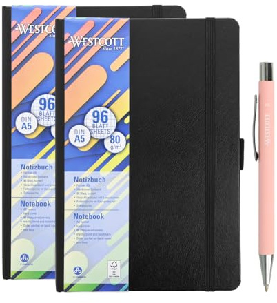 Westcott Notizbuch DIN A5 kariert (2er-Set) inkl. PRIMESOFT Premiumkugelschreiber | 2 x 192 Seiten im Hardcover | 80 g/m² FSC-Papier | Innentasche, Lesezeichen, Gummizug, Stifthalter | E-1744836 00