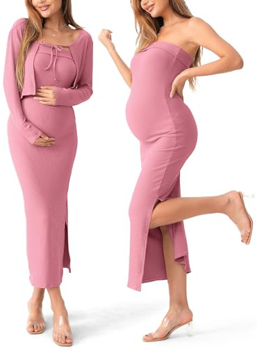 SUNNYBUY Baby Shower Maternity Tube Dress Short Cardigan Bodycon Ribbed Maxi Dress Casual 2 Piece Pregnancy Outfit Set, Dark Pink M