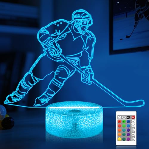 CooPark Eishockey 3D Lampe, Optisches Nachtlicht mit Illusion LED 16 Farben, Wechselnde Fernbedienung Sportventilator Schlafzimmerdekor, Tolles Geburtstagsgeschenk für Kinder und Jungen