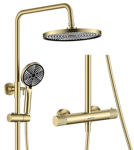 KeeGone Sistema de ducha completo con termostato para rociador de lluvia de 25 cm y teleducha de 3 chorros Termostato con mando giratorio antideslizante y protección antiescaldaduras