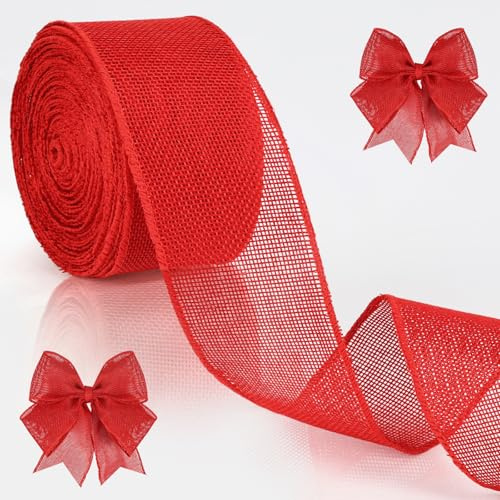 6CM Juteband mit Draht, Vintage Geschenkband Rot Breit, 10M Schleifenband zum Basteln Weihnachtsband Sackleinen Band Jute Dekoband für Weihnachtskranz, Hochzeitdeko, Geschenkverpackung
