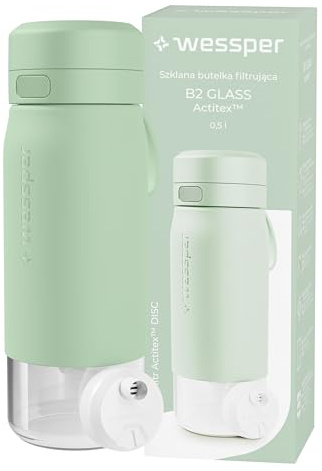 Wessper Botella Agua Filtro, 500 ml, Botella de Vidrio Borosilicato, con Filtro Agua Potable Actitex DISC, Contador de Sustitución del Filtro Integrado, Reduce el Cloro, BPA FREE - Menta