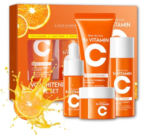 Vitamin C Skincare Set - 4Pcs Skin Care Sets & Kits for Pamper Teenage Girls Gifts, Facial Kit with Cleanser, Toner, Serum & Face Cream, Birthday, Travel Kit for All Skin Types (4pcs)