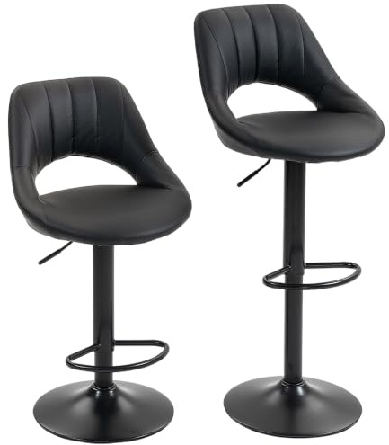 HOMCOM Bar Stools Set of 2 Swivel Adjustable Height with Footrest Black | Hollow Back, Modern PU Leather Upholstered, Breakfast Bar Chairs, for Kitchen Island Counter Dining Room