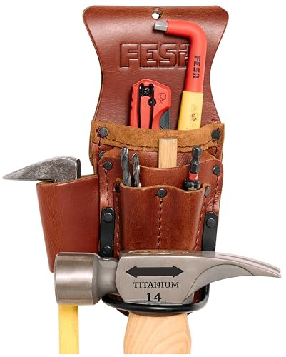 FESA Tool Belt Hammer Holder - Leather Multitool, Pliers & Hammer Holster with Pockets for Drill Bits or Markers - Heavy Duty Small Tool Pouch for Carpenters - Clip On Any Belt - Handcrafted (Cherry)