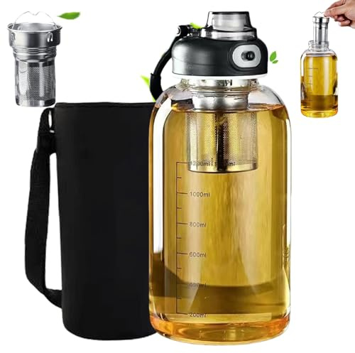 Gourde en Verre 1,5 L en Verre Borosilicate Transparent, étanche avec Housse en Néoprène et Filtre en Acier inoxydable, Idéale pour le Sport, la Randonnée, le Camping, l'école et le Bureau