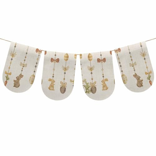 Easter Banner Flags, 7.9x11.8in, 4 Pieces, Decorative Chain with Rabbits Eggs Bow Carrot Linen Bunting Banner Easter Party Decorations Rope Pennant Hanging Flags for Fireplace, Wall, Door, Window