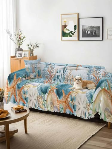Blue Coastal Sofa Cover Blanket Couch Covers for Armchair Cushion,Couch Sofa Silpcover with Tassel,Summer Beach Starfish Shell Coral Nautical Living Room Throw Towel Blanket Covers XX-L 71x150