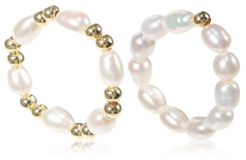 Alasum Perlenringe für Damen, Verstellbar, Weiß, Statement | Kupfer mit Perle, Klassisches Design, 2 Stück, für Weihnachten und Jubiläum