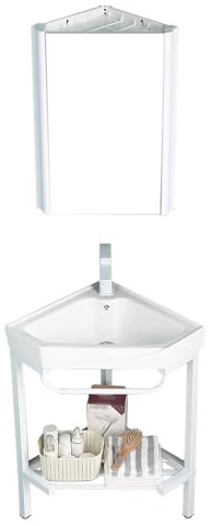 Bathroom Corner Vanity Sink Combo, Ceramic Sink With Stainless Steel Bket, Standing Utility Sink, Cabinet With Mirror & Faucet Set For Bathroom, Balcony & Small Space Set 2 47cm/18.5in
