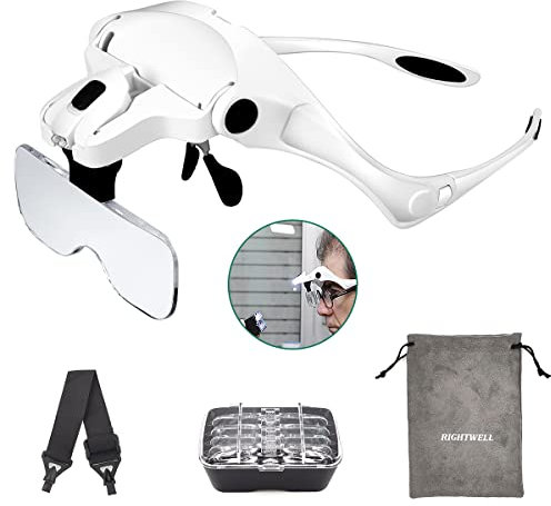 Rightwell Lupenbrille mit Licht Hände Frei Kopfband Lupen mit 2 LED Lichts für Elektriker,Juweliere,Nähen,und ältere Menschen-5 Wechselobjektive (1.0X bis 3.5X)