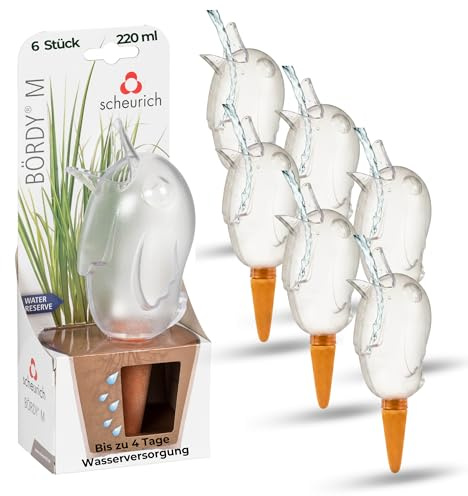 Scheurich Wasserspender Bördy M | 6 x Klar | 220ml Füllmenge | Bewässerungskugel klein mit Ton Fuß | Wasserspender Pflanzen und Blumen Terrakotta Stiel