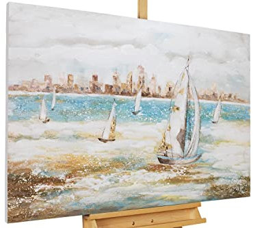 KunstLoft Leinwandbild | 100% HANDGEMALT | 120x80cm | Gemälde 'Sailor's Race' | Schiffe & Boote | Blau Weiß | Wandbild Wohnzimmer